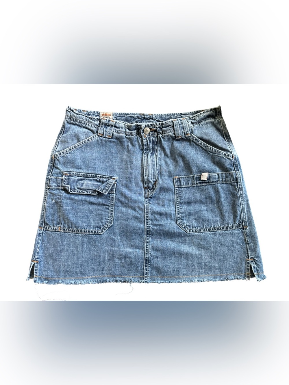 VTG Y2K Lucky Brand  Denim Cargo Mini Skirt 14/32 100% Cotton Faded Fringe Hem